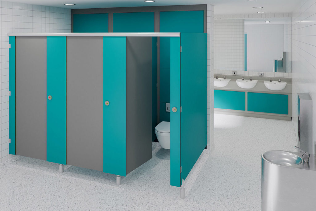 Three turquoise and grey toilet cubicles